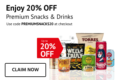 20% OFF Premium Snacks & Drinks